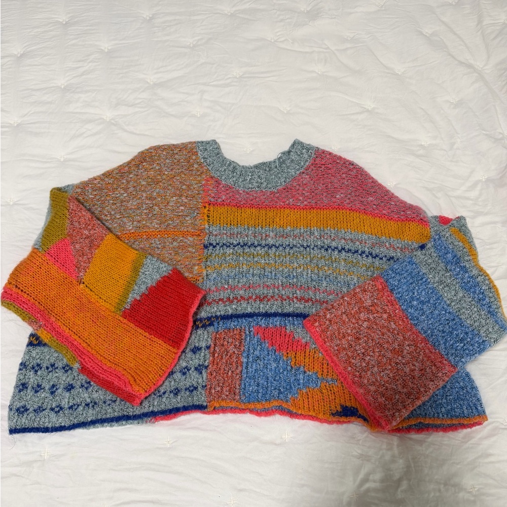 Multicolor Patchwork Knit Sweater - Colorful Striped Design
